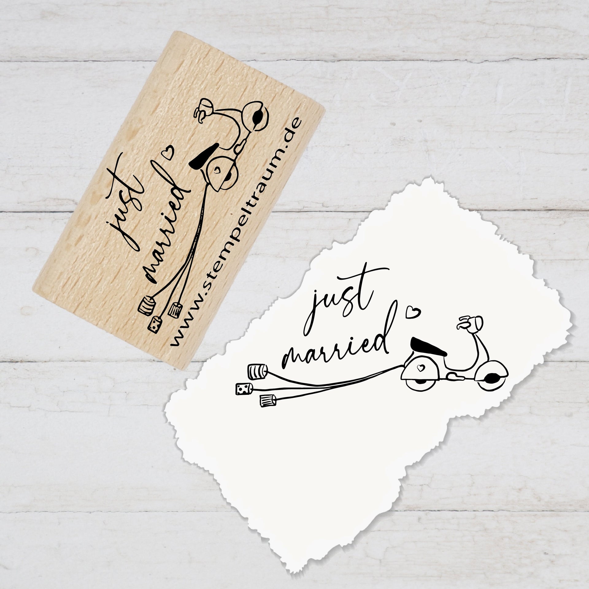 Stempel Motivstempel mit Text - Just Married, Geschenk, DIY Stempel zum Basteln von Karten, Papier, Stoff, Holz, Dekoration, Einladungskarte