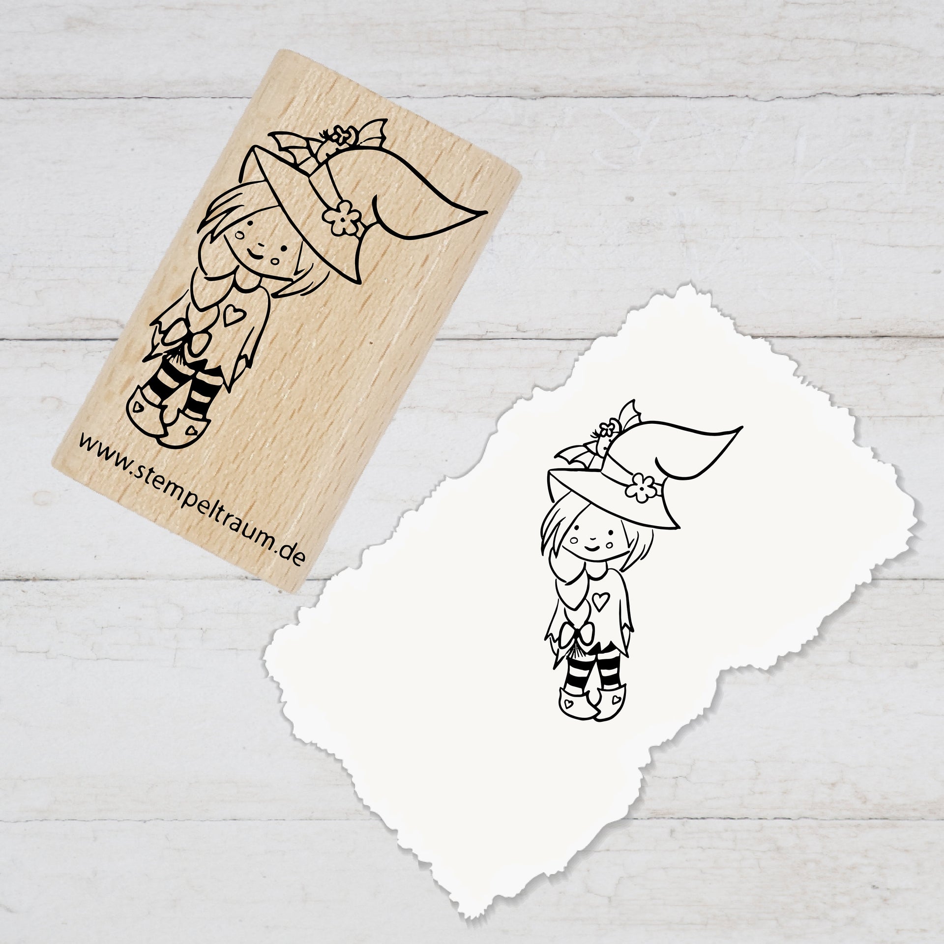 Stempel - Motivstempel - Halloween - Kleine Hexe mit Fledermaus - Stempel Geschenk - DIY Stempel zum Basteln von Karten, Papier, Stoff, Holz