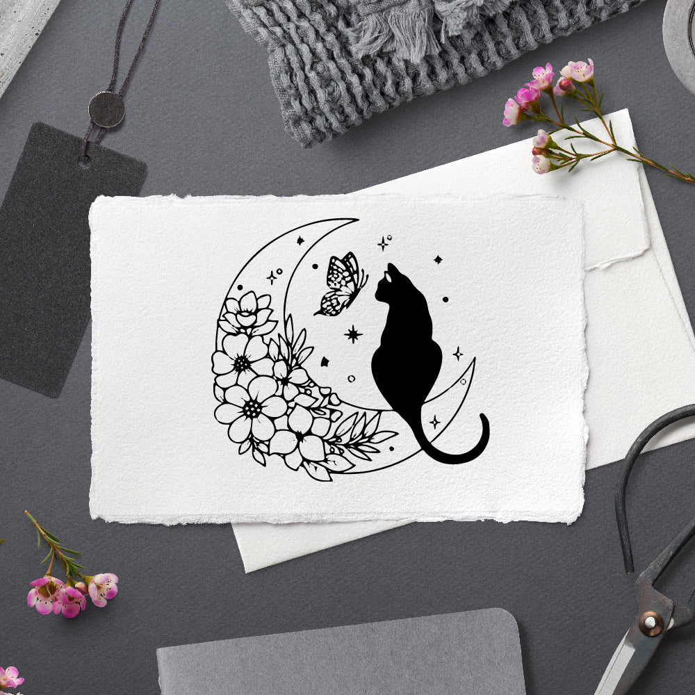Motivstempel - Katze im Mond- Kätzchen - schwarze Katze - Tier - Basteln, Stempel Geschenk, DIY Stempel zum Basteln von Karten, Papier, Stoff, Holz, Dekoration