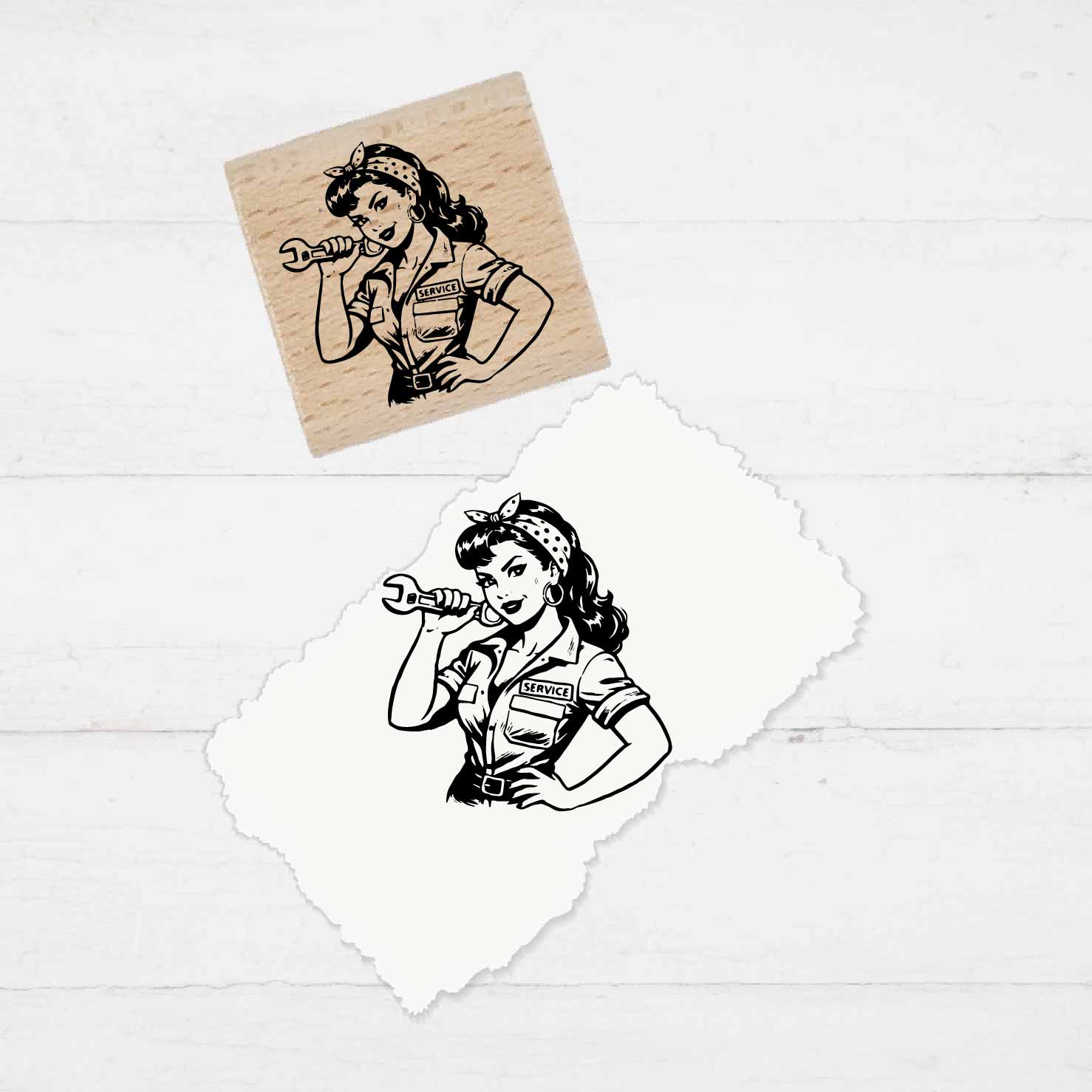 Motivstempel Rockabilly Style - Mechanikerin | Holzstempel - für DIY, Büro & Kreativprojekte, Scrapbooking, Karten, Basteln