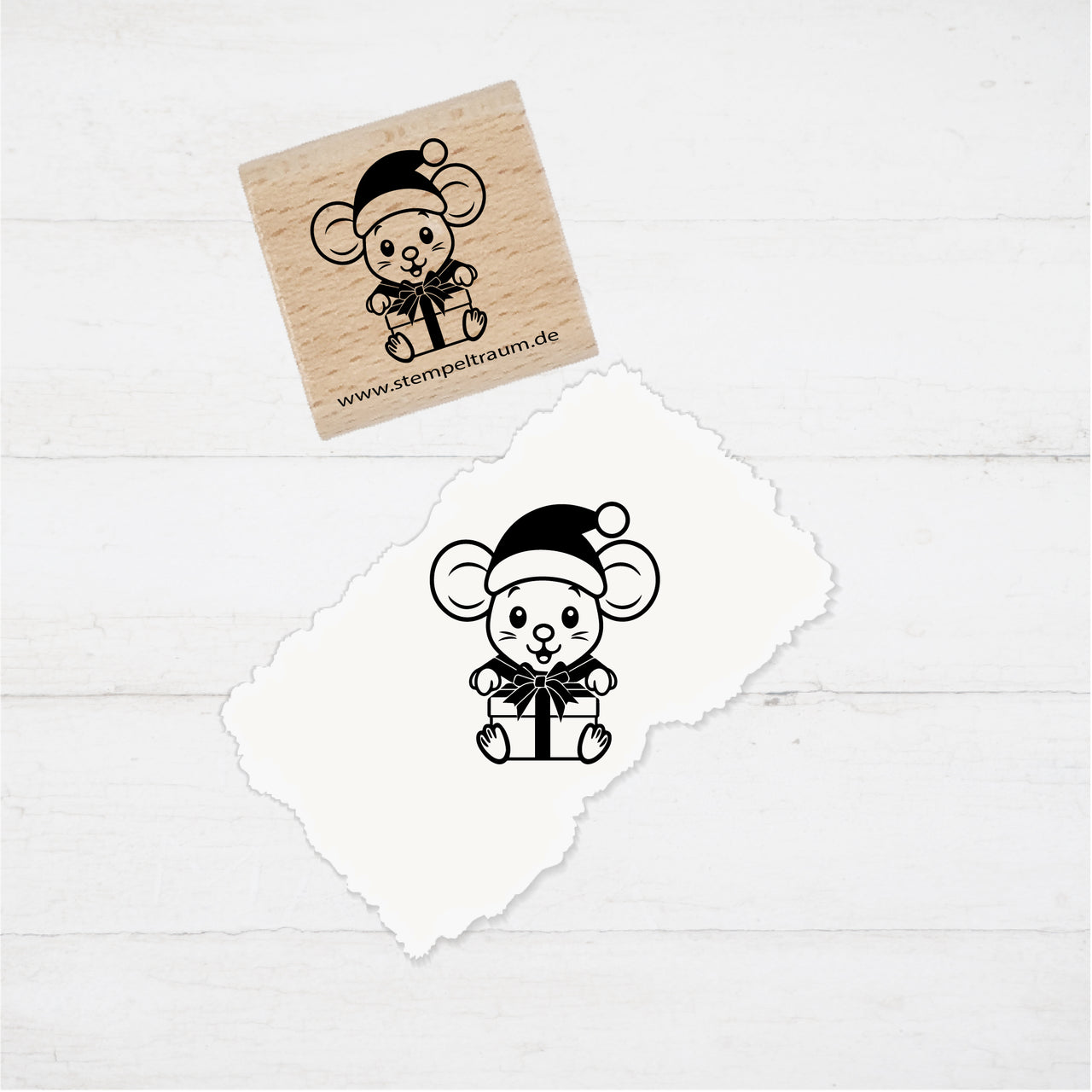 Motivstempel - Weihnachten - Maus mit Geschenk  Geschenk - DIY Stempel zum Basteln von Karten, Papier, Stoff, Holz, Dekoration, Advent, Anhänger