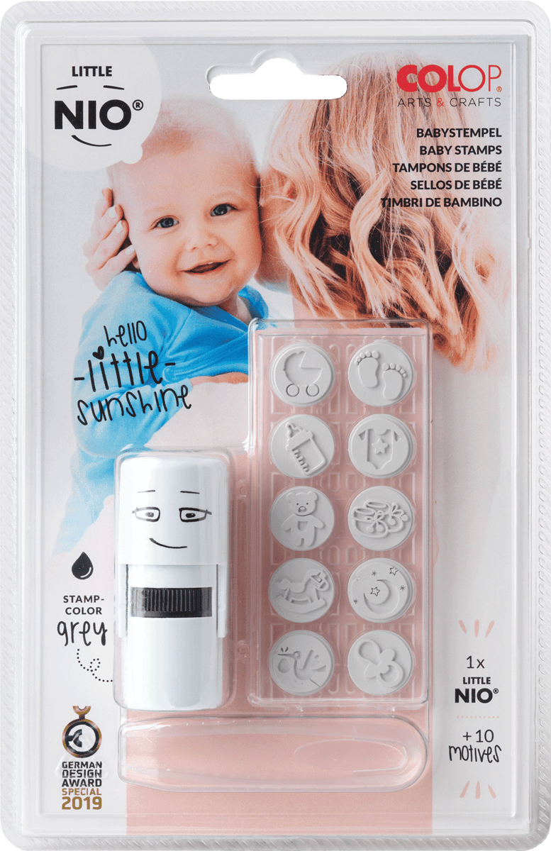 Colop Stempel Set von Little Nio, Design Baby, mit 10 Abdruckmotiven, 17 mm, Stempelkissen in grau