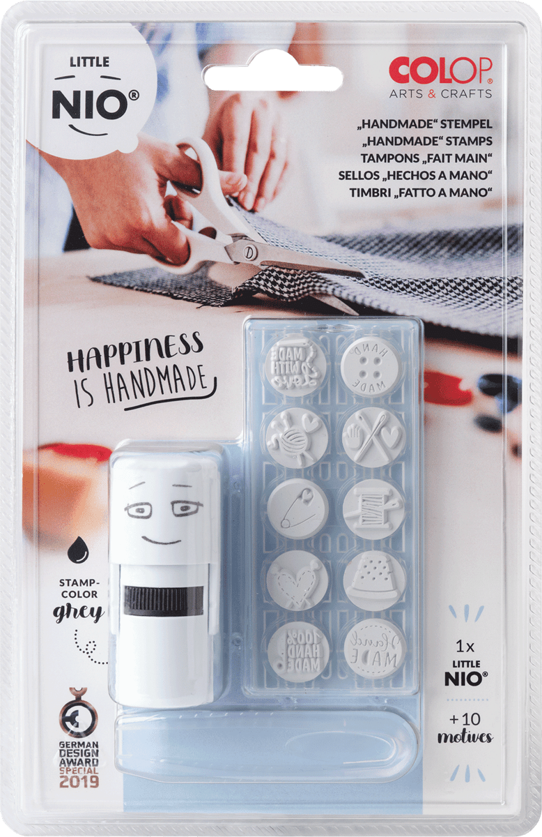 Colop Stempel Set von Little Nio, Design Handmade, mit 10 Abdruckmotiven, 17 mm, Stempelkissen in grau