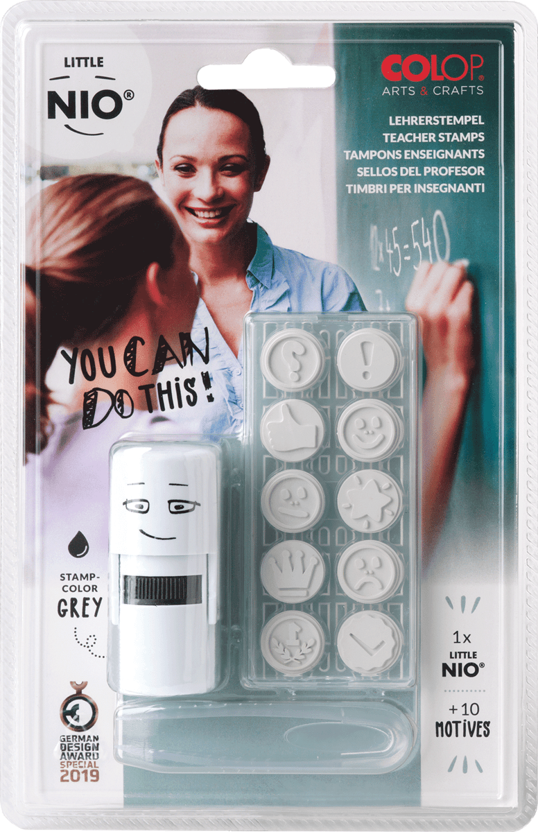 Colop Stempel Set von Little Nio, Design Schule & Lehrer, mit 10 Abdruckmotiven, 17 mm, Stempelkissen in grau