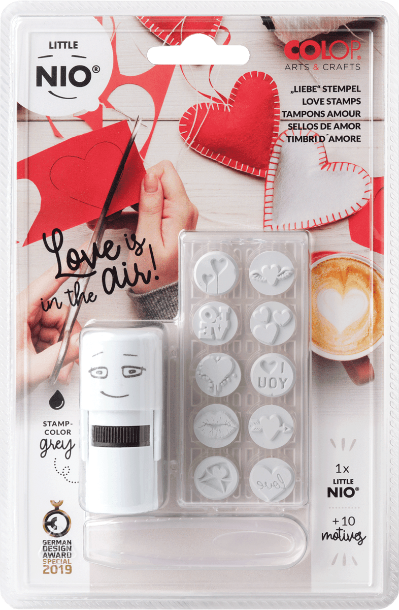 Colop Stempel Set von Little Nio, Design Love is in the air, mit 10 Abdruckmotiven, 17 mm, Stempelkissen in grau