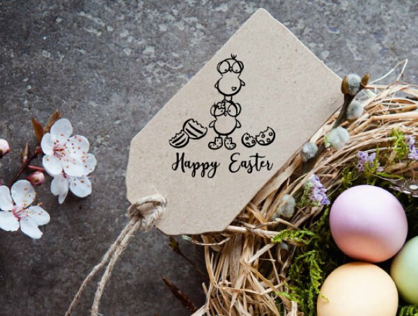 Stempel - Motivstempel - Ostern - Zwei Küken - Happy Easter, Geschenk - DIY Stempel zum Basteln von Karten, Papier, Stoff, Holz, Dekoration