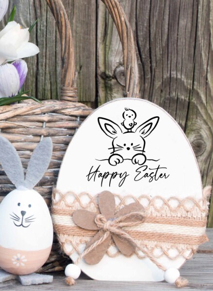 Stempel - Motivstempel - Ostern, Hase mit Küken, Happy Easter, Geschenk, DIY Stempel zum Basteln von Karten, Papier, Stoff, Holz, Dekoration