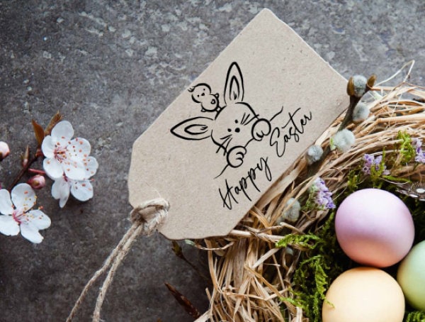 Stempel - Motivstempel - Ostern, Hase mit Küken, Happy Easter, Geschenk, DIY Stempel zum Basteln von Karten, Papier, Stoff, Holz, Dekoration