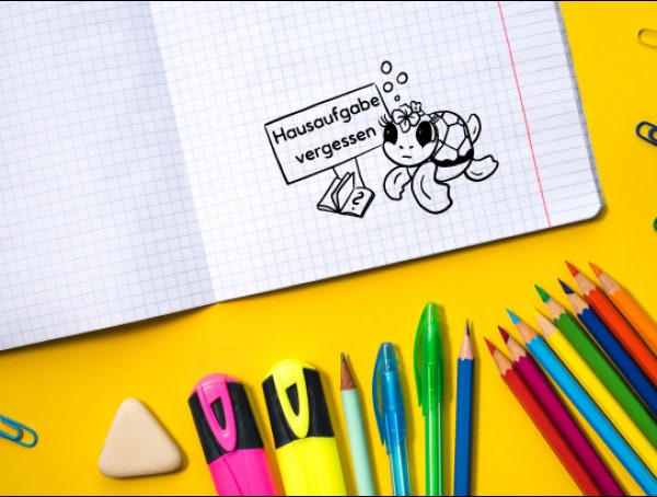 Stempel, Lehrerstempel, Schule, Hausaufgabe vergessen, Motiv traurige Schildi, Geschenk - DIY Stempel f. Schulhefte, Hausaufgabenheft