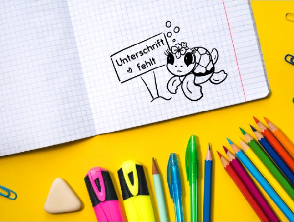 Stempel, Lehrerstempel, Schule, Unterschrift fehlt Motiv traurige Schildi, Geschenk-DIY Stempel f. Schulhefte, Hausaufgabenheft, Grundschule