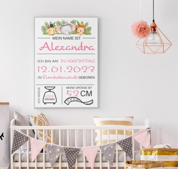 GEBURTSTAFEL - Geburtsanzeige - Baby - Mädchen - personalisiertes Geschenk auf Leinwand - Canvas - 50cm x 70cm - Kinderzimmerdeko, Baby