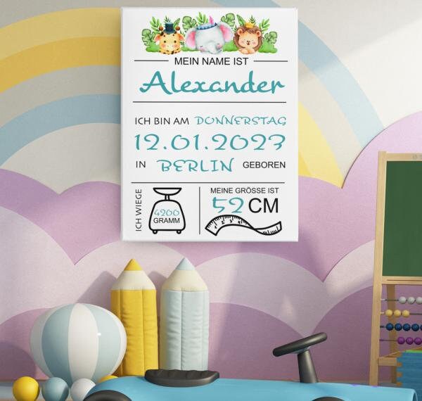 GEBURTSTAFEL - Geburtsanzeige - Baby - Junge - personalisiertes Geschenk auf Leinwand - Canvas - 50cm x 70cm, Kinderzimmerdeko, Baby