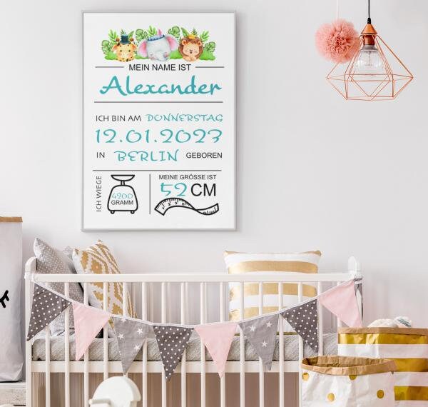 GEBURTSTAFEL - Geburtsanzeige - Baby - Junge - personalisiertes Geschenk auf Leinwand - Canvas - 50cm x 70cm, Kinderzimmerdeko, Baby