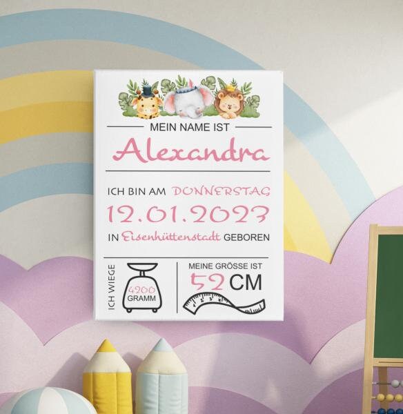 GEBURTSTAFEL - Geburtsanzeige - Baby - Mädchen - personalisiertes Geschenk auf Leinwand - Canvas - 50cm x 70cm - Kinderzimmerdeko, Baby