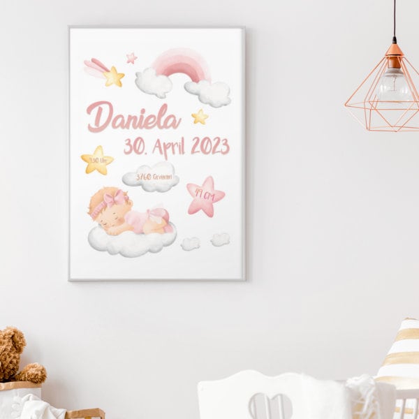 GEBURTSTAFEL - Geburtsanzeige - Baby - Mädchen - pink - personalisiertes Geschenk auf Leinwand - Canvas - 50cm x 70cm, Kinderzimmer, Baby