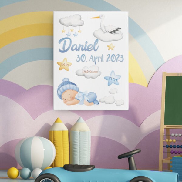 GEBURTSTAFEL - Geburtsanzeige - Baby - Jungen - blau - personalisiertes Geschenk auf Leinwand - Canvas - 50cm x 70cm, Kinderzimmerdeko, Baby
