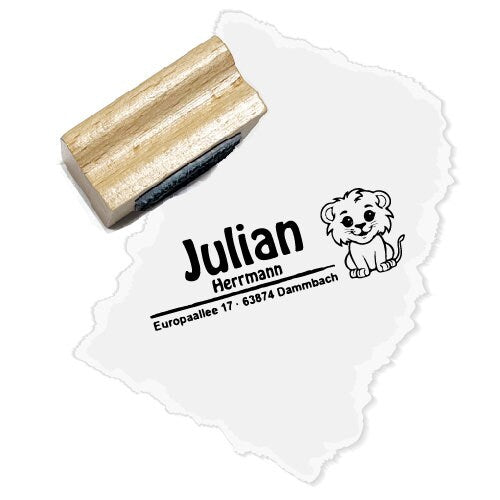 Adressstempel personalisiert - Löwe - Lion - Schule, Kinderstempel, Holzstempel individualisiert, Geschenk, DIY Stempel