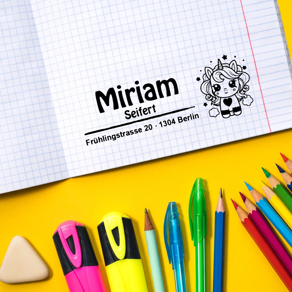 Adressstempel personalisiert - Einhorn - Unicorn - Schule, Kinderstempel, Holzstempel o. Automatikstempel individualisiert, Geschenk, DIY