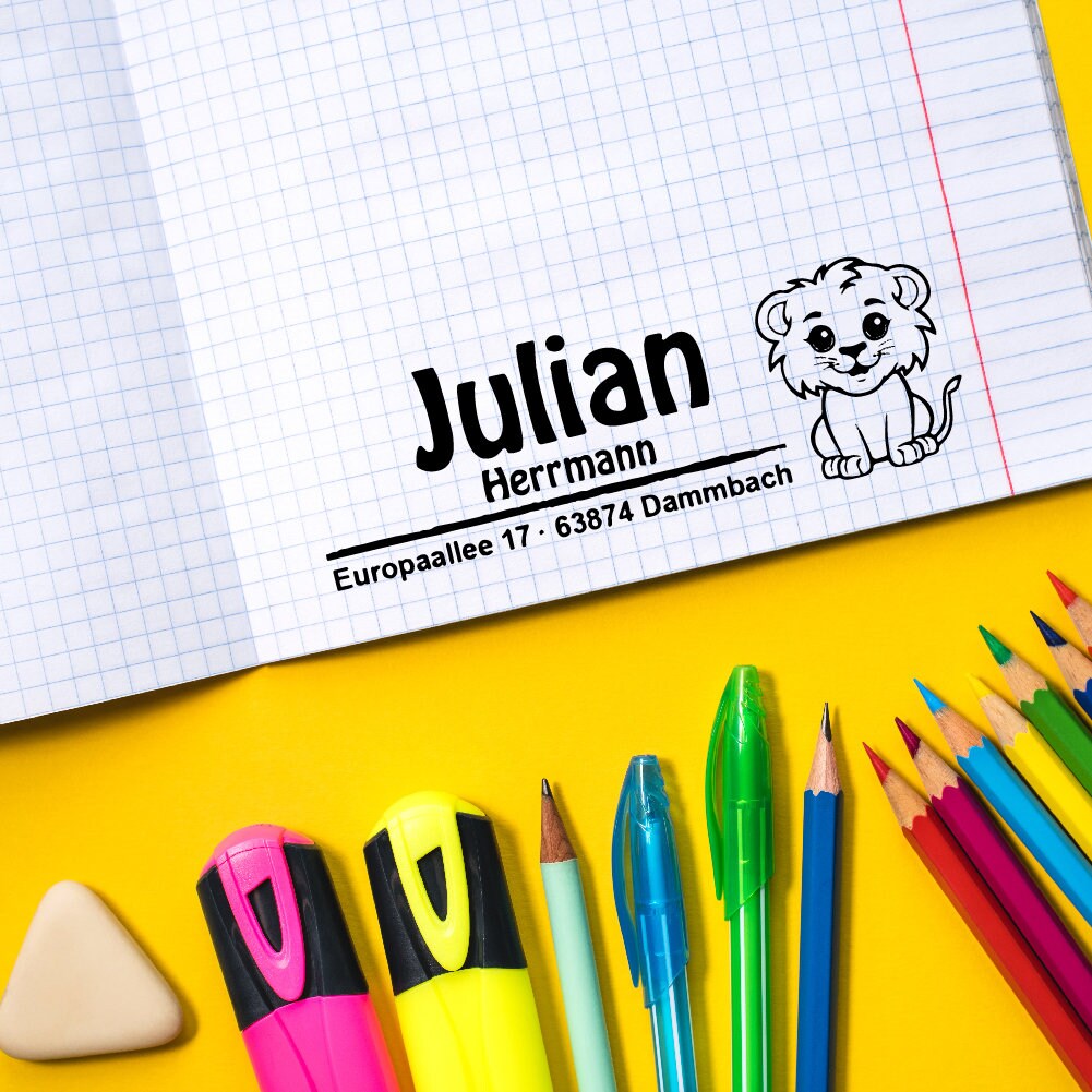 Adressstempel personalisiert - Löwe - Lion - Schule, Kinderstempel, Holzstempel individualisiert, Geschenk, DIY Stempel
