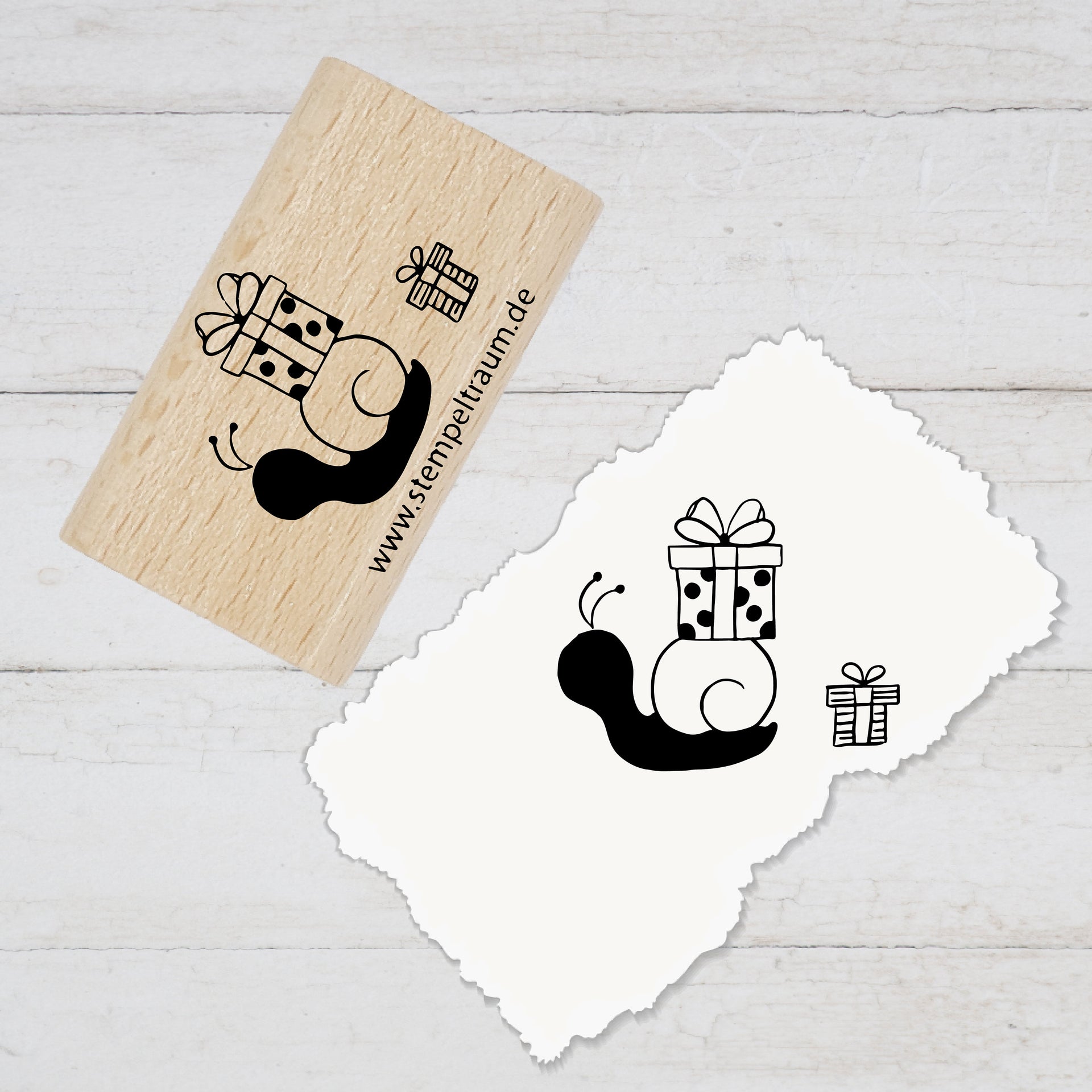 Stempel  - Motivstempel - Schnecke mit Geschenken, Geschenk - DIY Stempel zum Basteln von Karten, Papier, Stoff, Holz, Dekoration, Anhänger