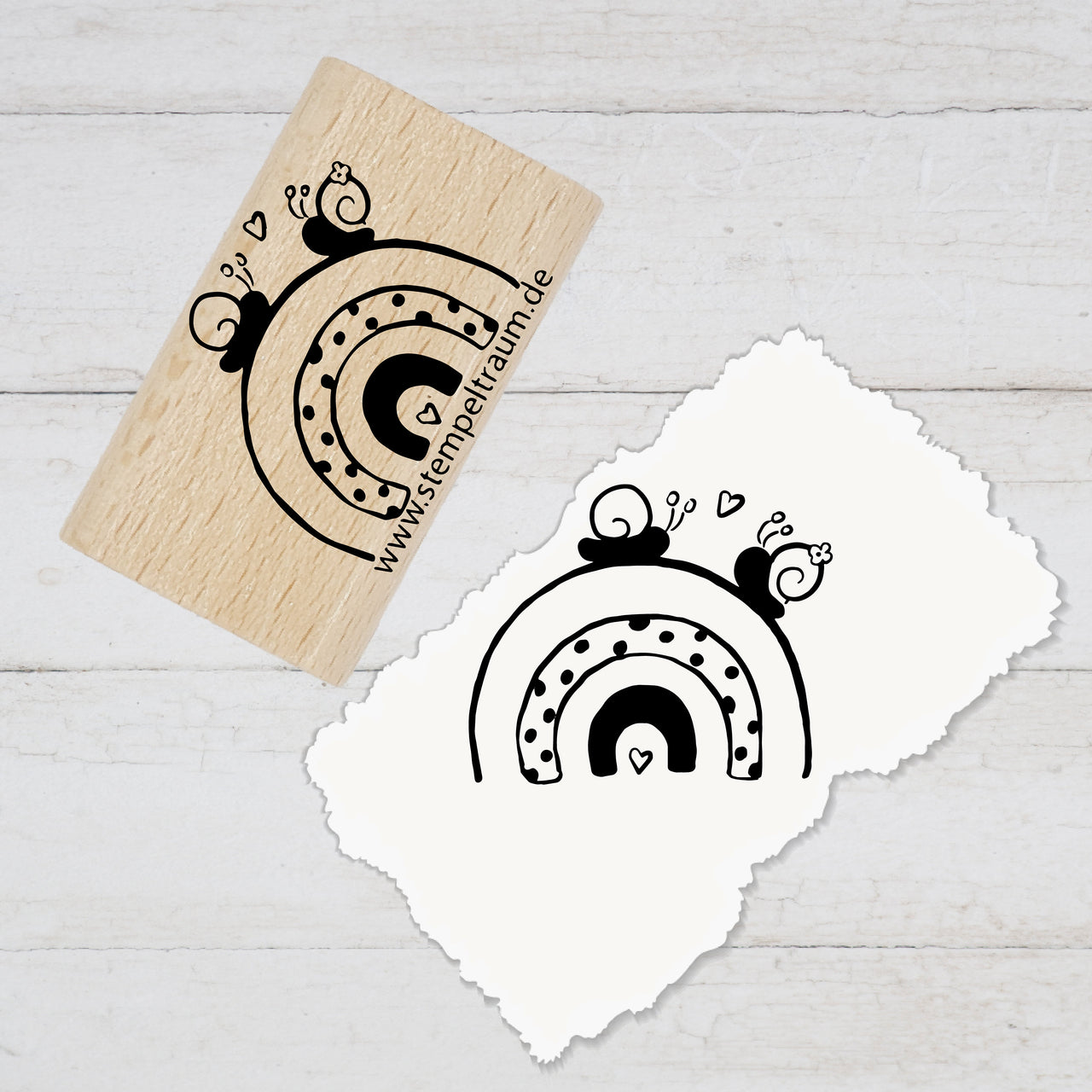 Stempel  - Motivstempel - Regenbogen mit Schnecken und Herz, Geschenk - DIY Stempel zum Basteln von Karten, Papier, Stoff, Holz, Dekoration