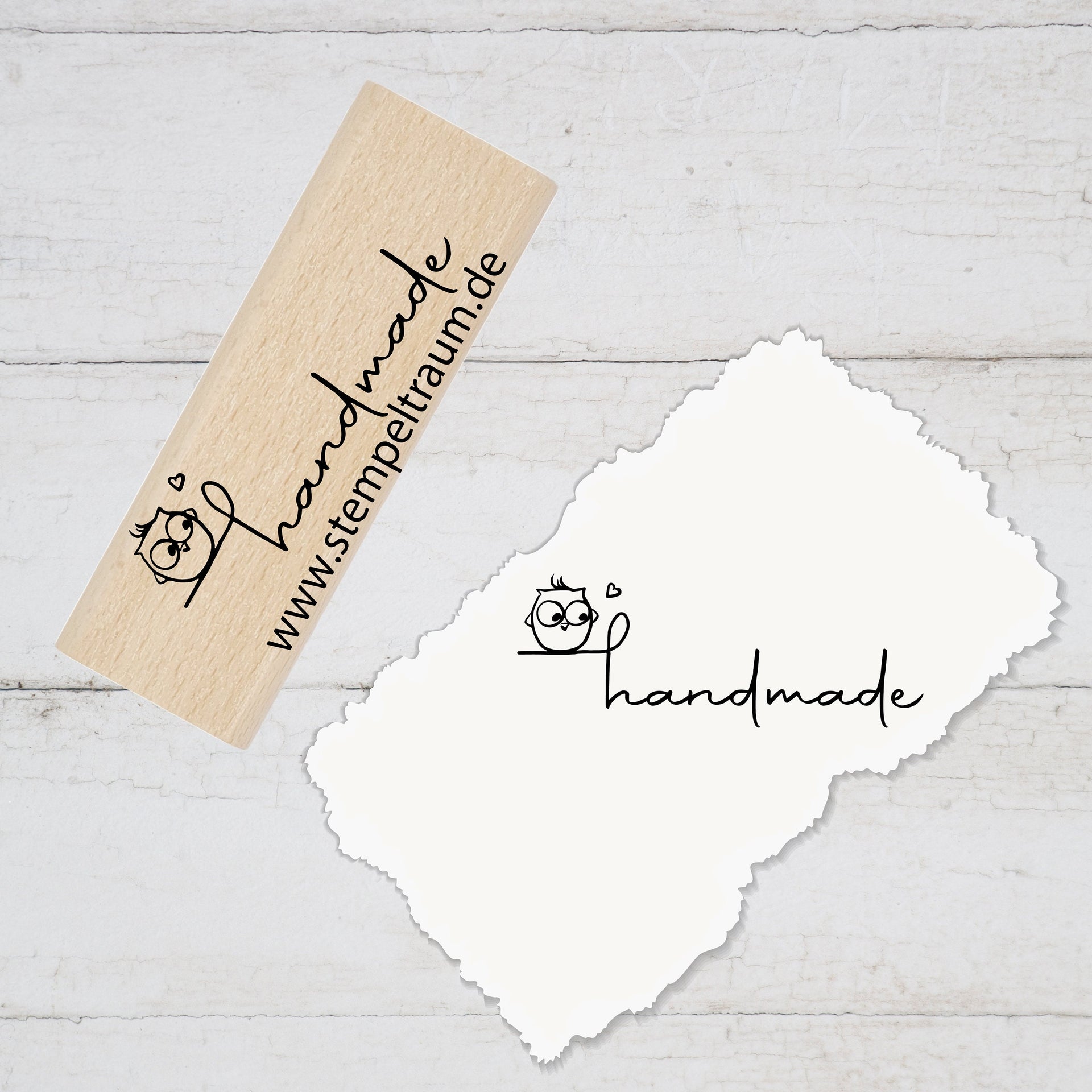 Stempel Motivstempel mit Text- handmade - Eule mit Herz, Geschenk - DIY Stempel zum Basteln von Karten, Papier, Stoff, Holz, Dekoration,
