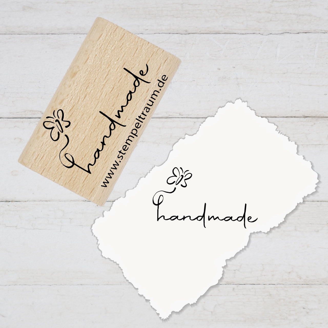 Stempel, Motivstempel mit Text- handmade mit Schmetterling, Geschenk - DIY Stempel zum Basteln von Karten, Papier, Stoff, Holz, Dekoration