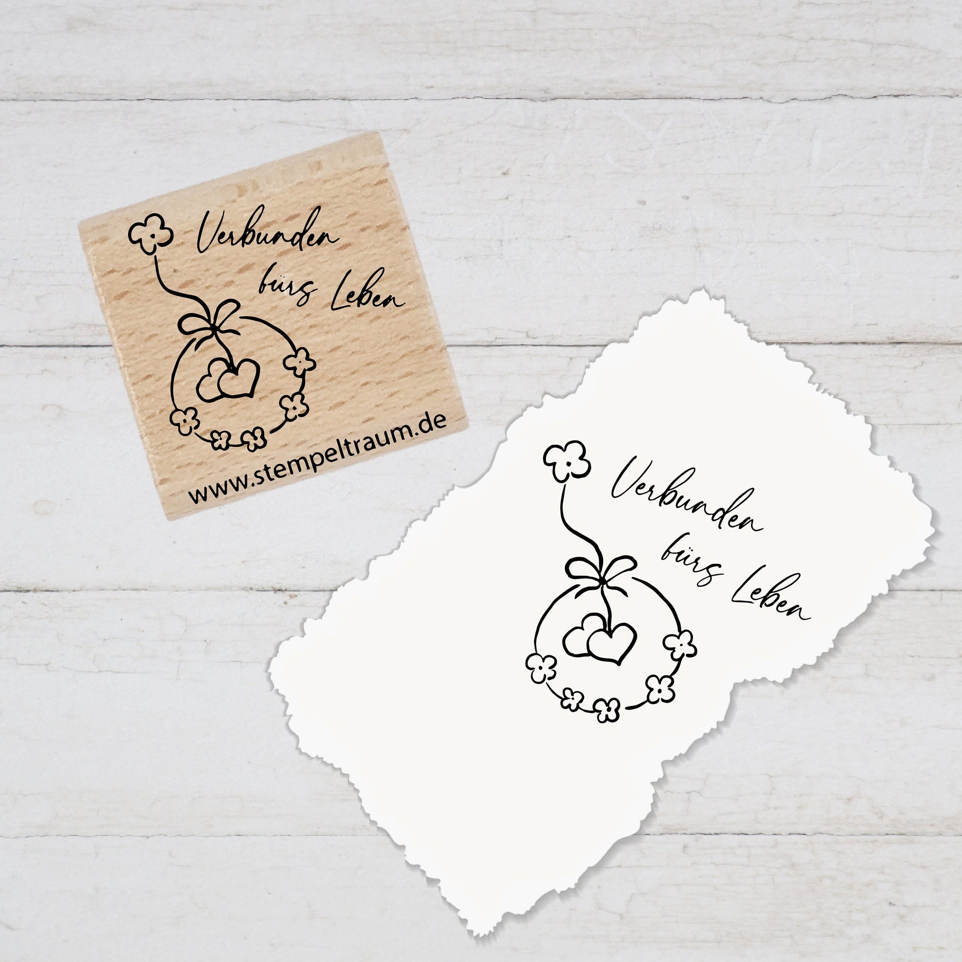 Stempel, Motivstempel mit Text, Verbunden fürs Leben, Herzen mit Blumenkranz, Geschenk - DIY Stempel zum Basteln von Karten, Papier, Deko