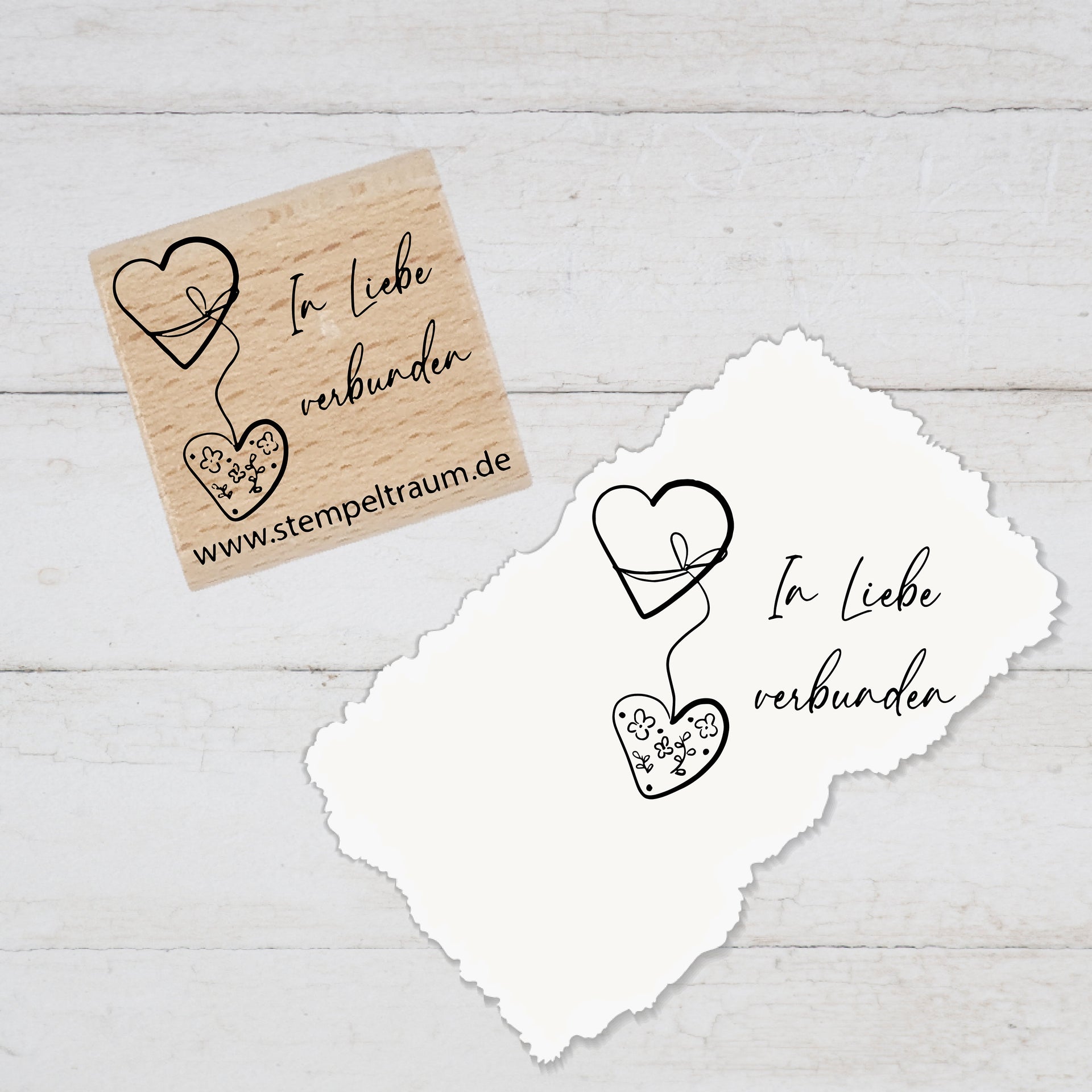 Stempel Motivstempel mit Text - In Liebe verbunden - Herzen mit Schleife, Geschenk - DIY Stempel zum Basteln von Karten, Papier, Holz, Deko