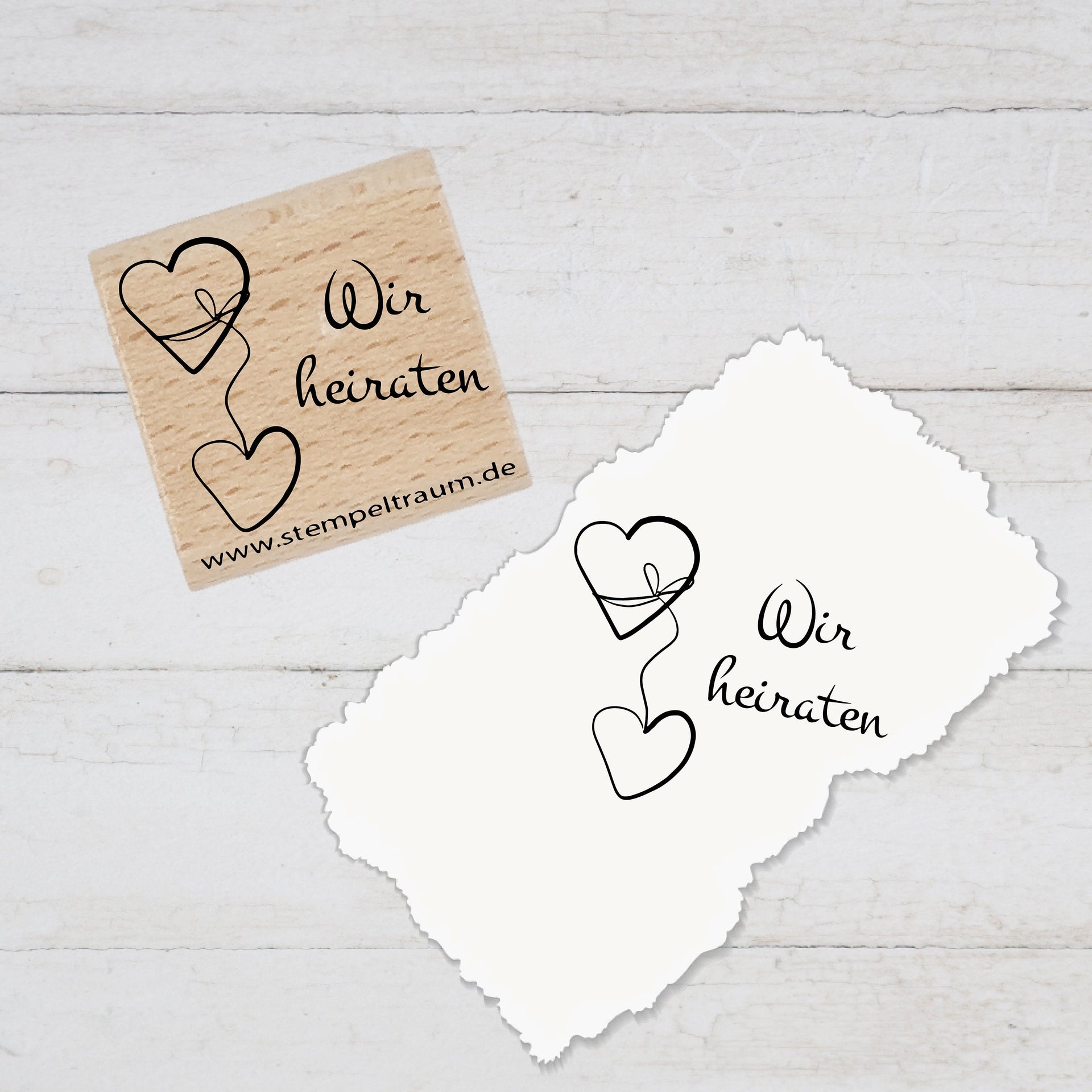 Stempel Motivstempel mit Text - Wir heiraten - Herzen mit Schleife, Geschenk - DIY Stempel zum Basteln von Karten, Papier, Stoff, Holz, Deko