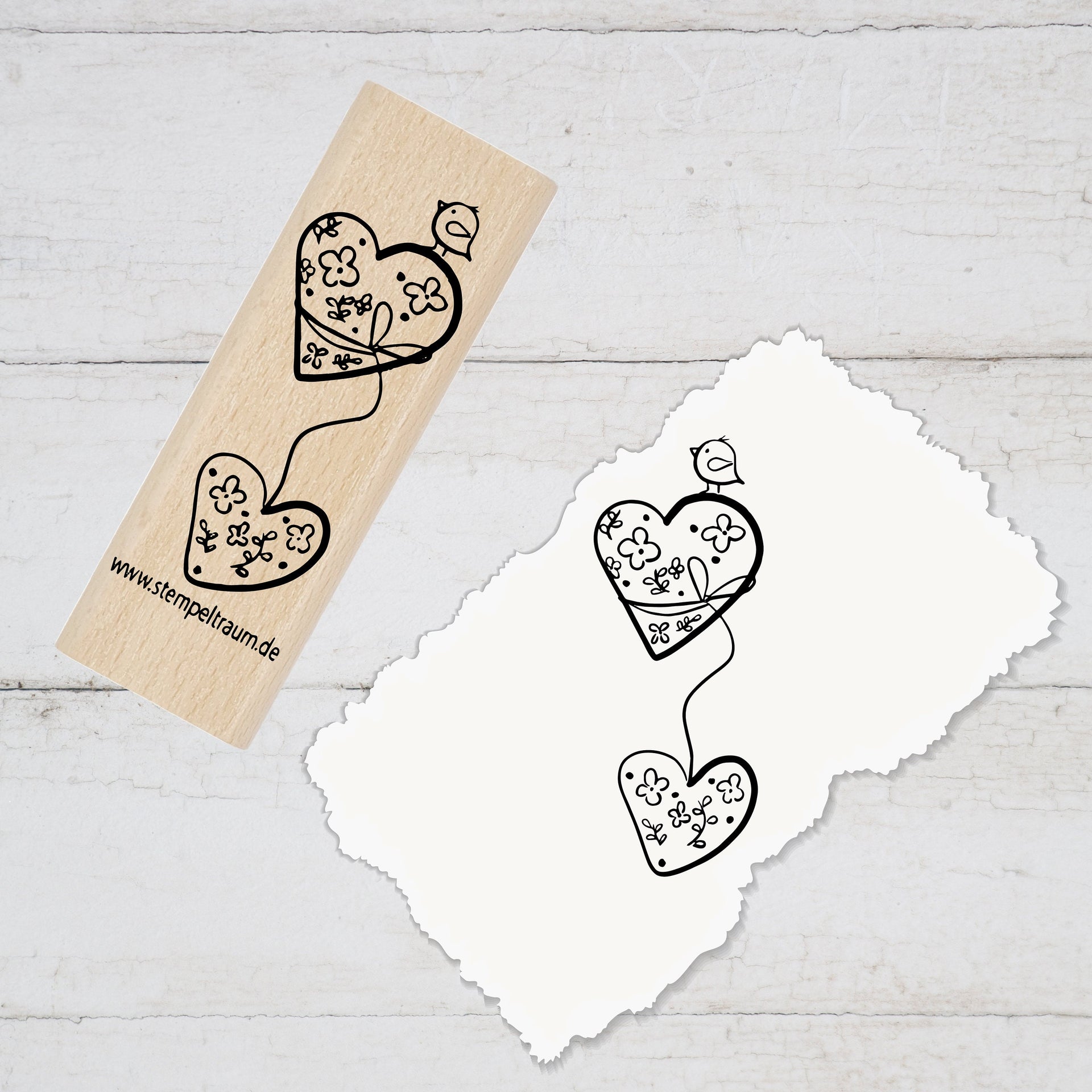 Stempel Motivstempel - Herzen mit Vogel, Geschenk - DIY Stempel zum Basteln von Karten, Papier, Stoff, Holz, Dekoration, in Liebe verbunden