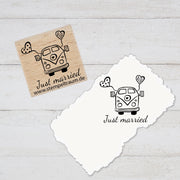Stempel Motivstempel mit Text - Just Married - Bus mit Herzen, Geschenk - DIY Stempel zum Basteln von Karten, Papier, Stoff, Holz, Deko