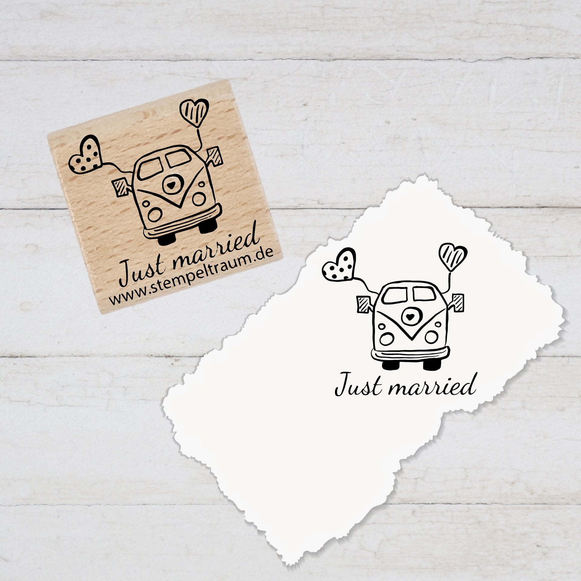 Stempel Motivstempel mit Text - Just Married - Bus mit Herzen, Geschenk - DIY Stempel zum Basteln von Karten, Papier, Stoff, Holz, Deko