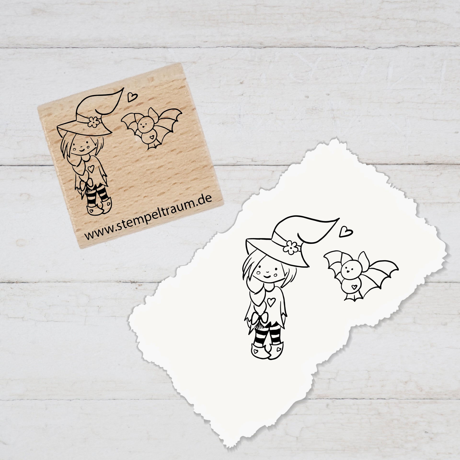 Stempel - Motivstempel - Halloween - Hexchen mit Fledermaus, Geschenk - DIY Stempel zum Basteln von Karten, Papier, Stoff, Holz, Dekoration