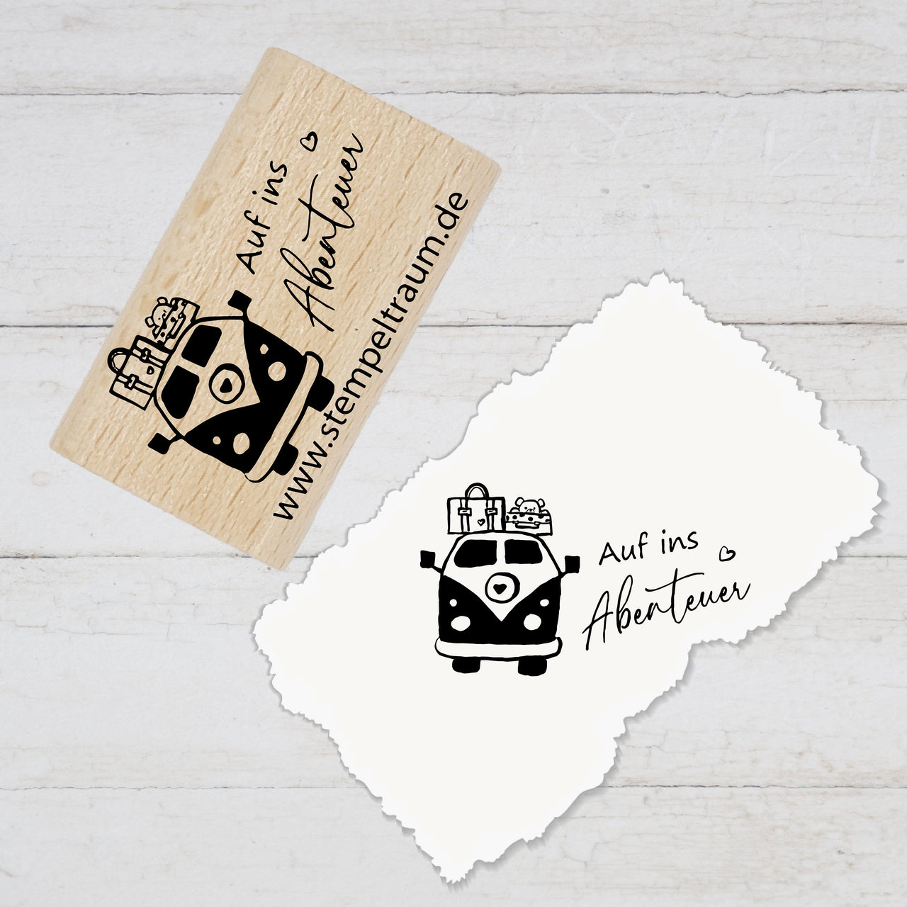Stempel  - Motivstempel - Urlaub - Auf ins Abenteuer - VW Bus - Geschenk - DIY Stempel zum Basteln von Karten, Papier, Stoff, Holz, Deko