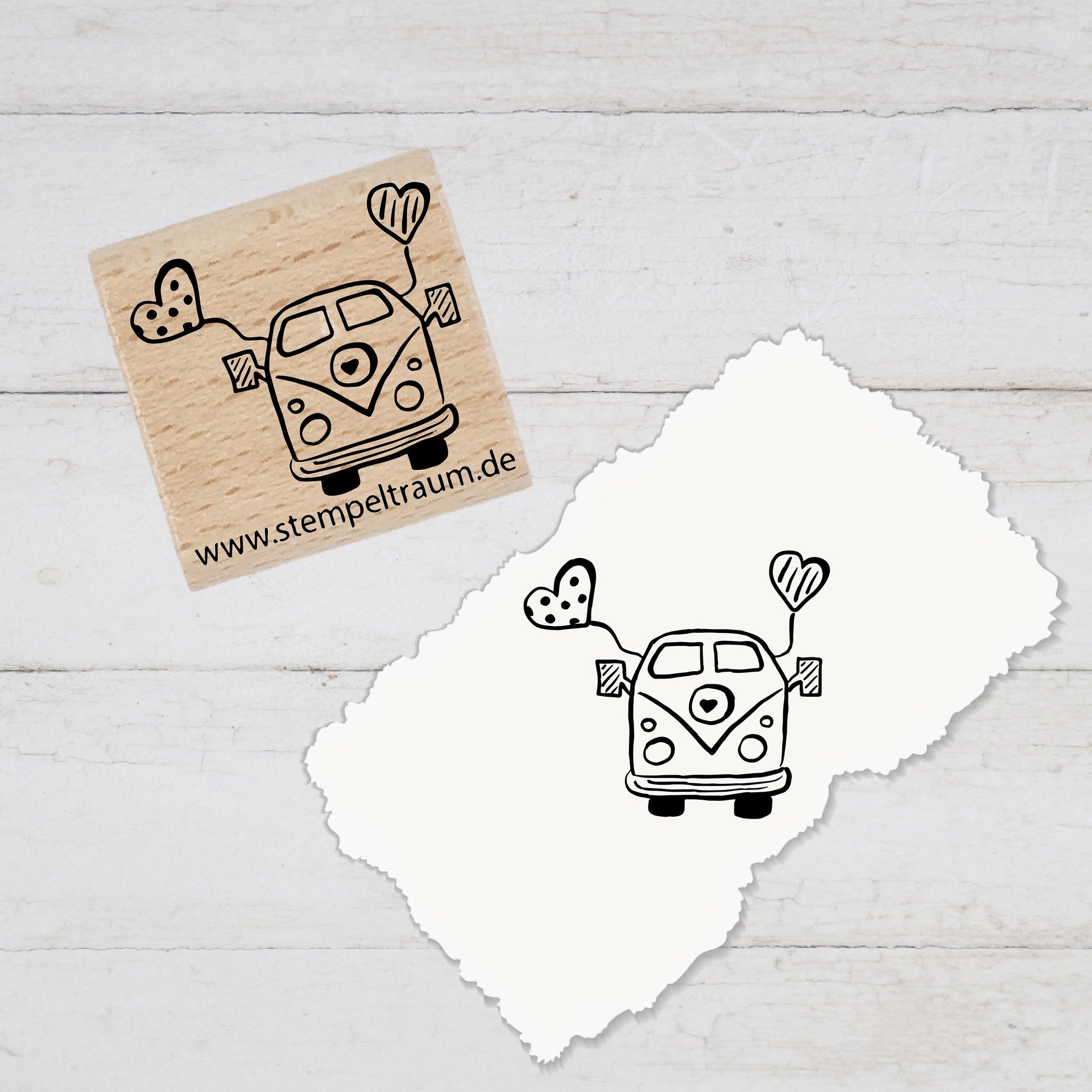 Stempel  Motivstempel - Bus mit Herzballons, Geschenk - DIY Stempel zum Basteln von Karten, Papier, Stoff, Holz, Dekoration, Reiselust