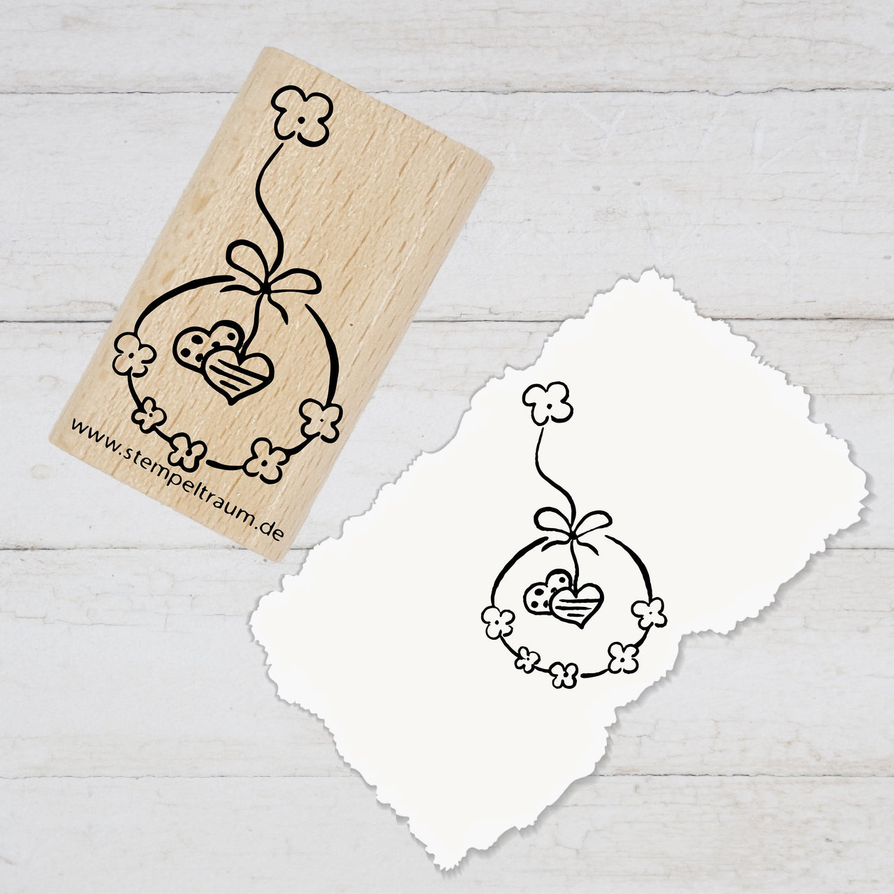 Stempel Motivstempel  - Herzen mit Blumenkranz, Geschenk - DIY Stempel zum Basteln von Karten, Papier, Stoff, Holz, Dekoration, Anhänger