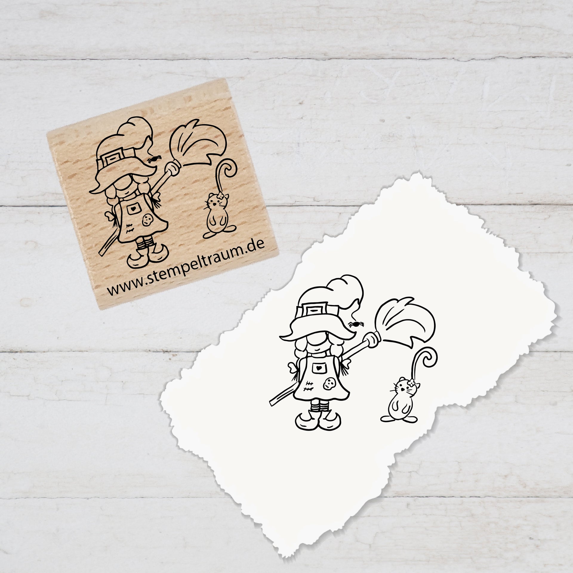 Stempel - Motivstempel - Halloween - Hexchen mit Katze - Stempel Geschenk - DIY Stempel zum Basteln von Karten, Papier, Stoffen, Holz,