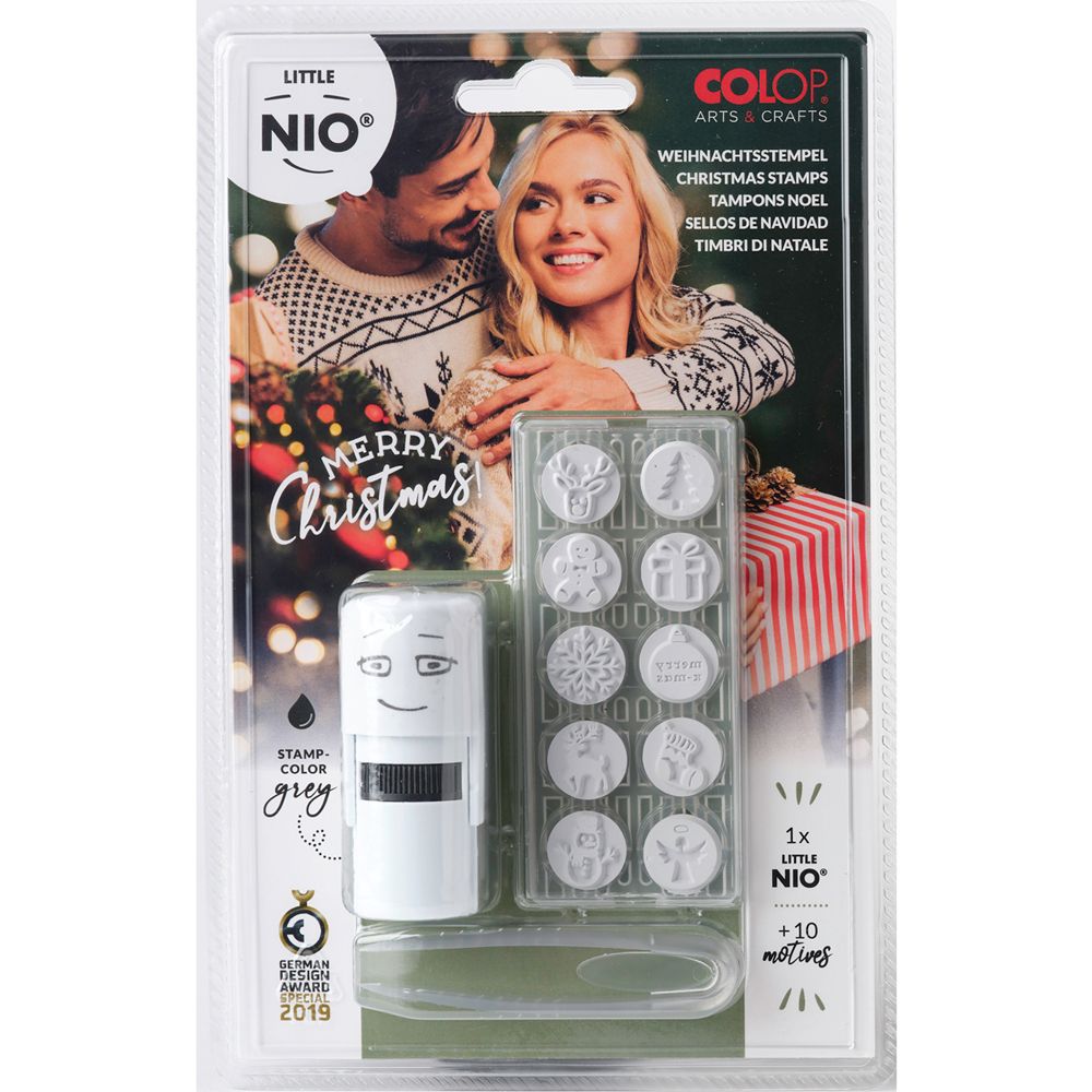 Colop Stempel Set von Little Nio, Design Weihnachten, mit 10 Abdruckmotiven, 17 mm, Stempelkissen in grau